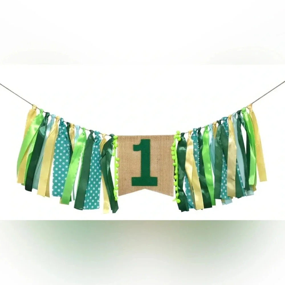 Baby 1 Year Old First Birthday Banner High  Chair Party Green Jungle Decoration